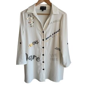 Frank Lyman Artsy Graphic Tunic Top Sz S White Statement Blouse Cruise Resort